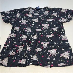 Zoe + Chloe Small Black Koala Bear Short Sleeve V Neck Multi Pocket Scrub Top